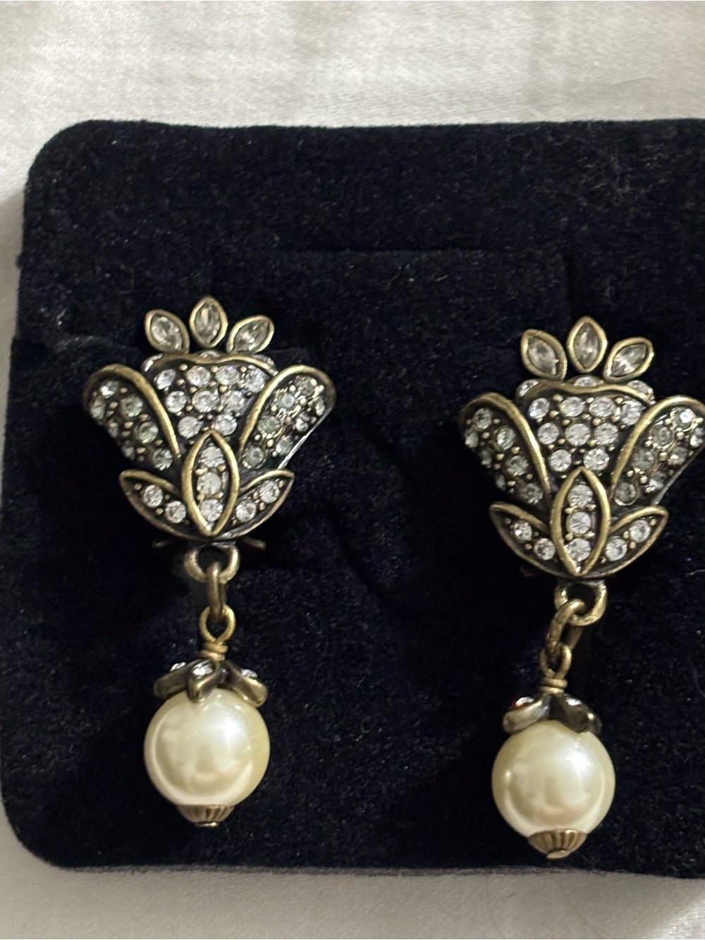 Heidi Daus Gold-Tone Crystal Floral Drop Earrings with Ivory Pearl Dangles